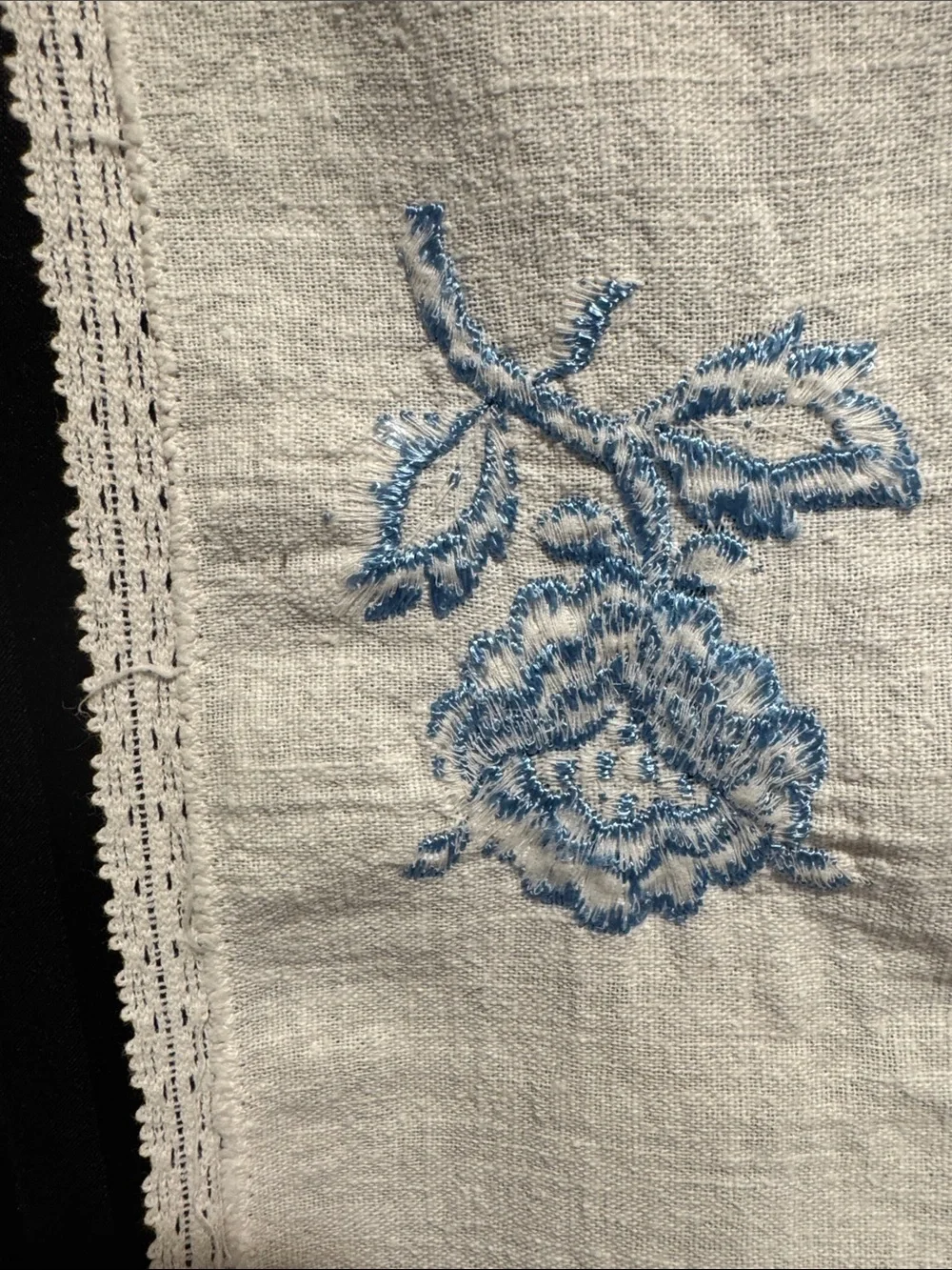 Hand Embroidered Linen Dresser or Table Runner with Blue Rose Motif